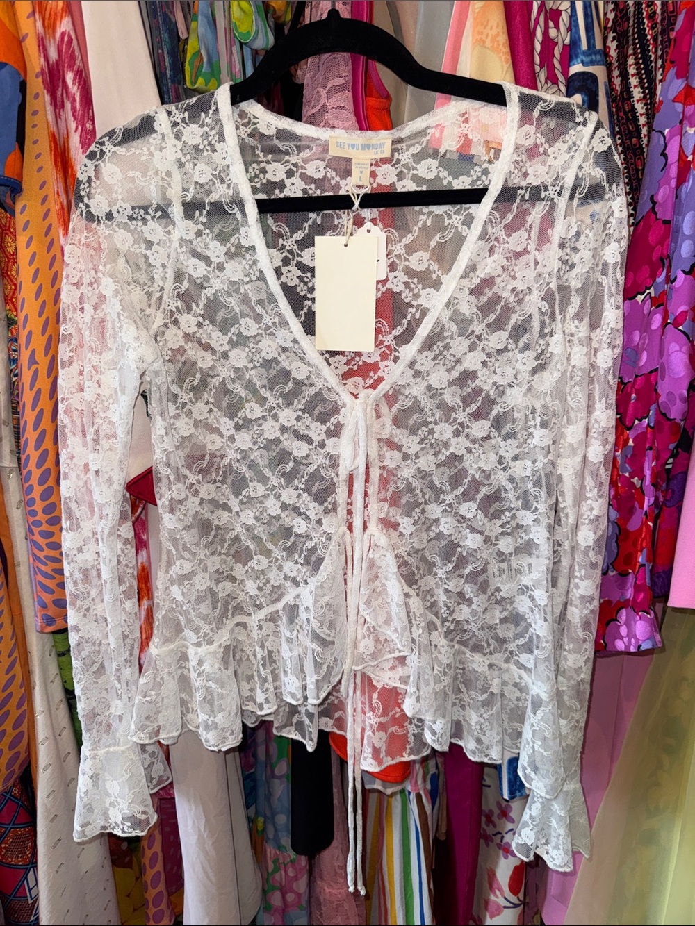 White Sheer Lace Tie-Front Ruffled Blouse